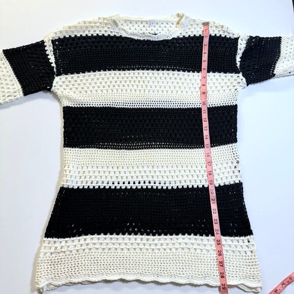 Boho Black & White Striped Crochet Knit Swimwear Cover Up Mini Dress Size Small - Picture 6 of 7
